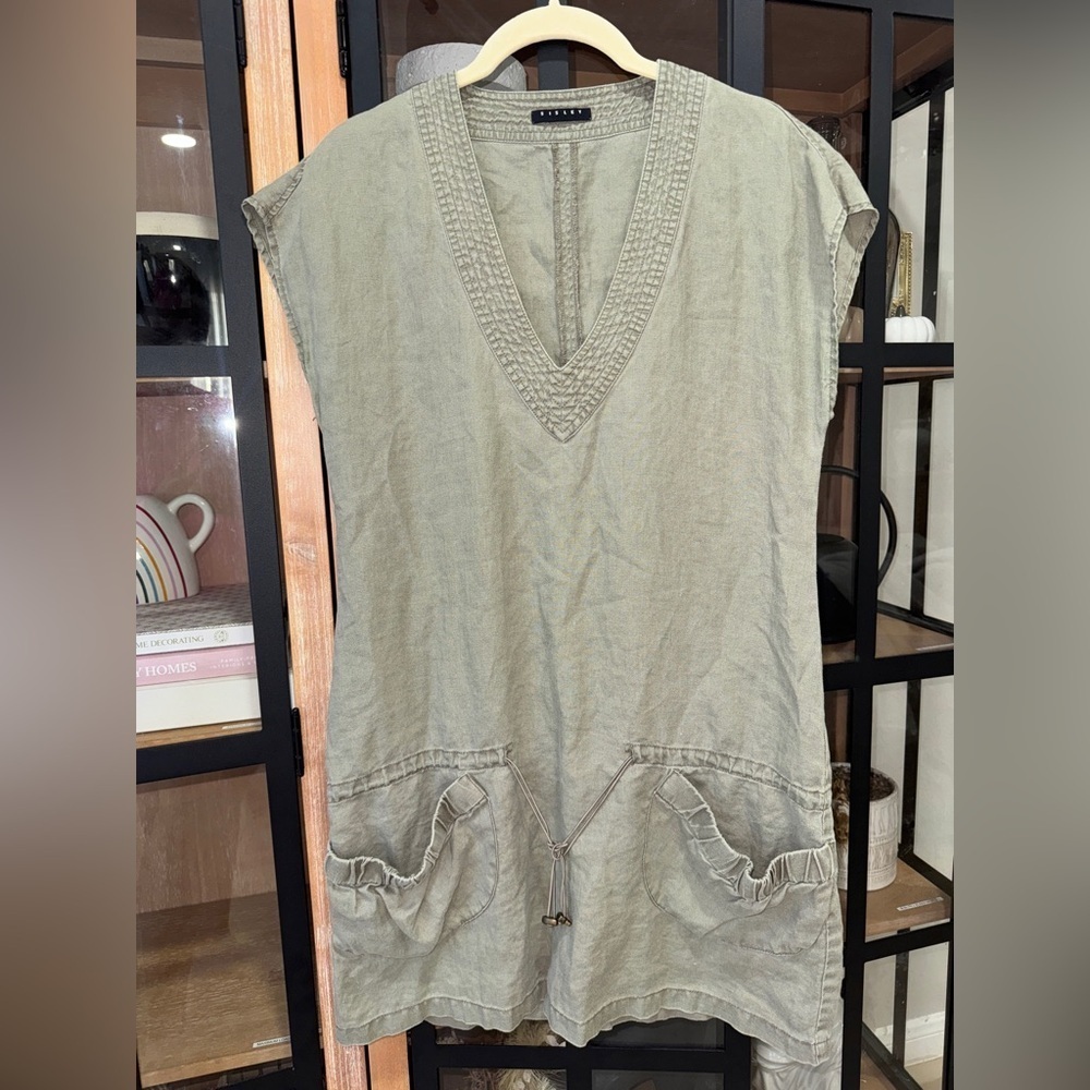 Sisley y2k mini dress vneck olive linen drop hem a-line pockets drawstring
